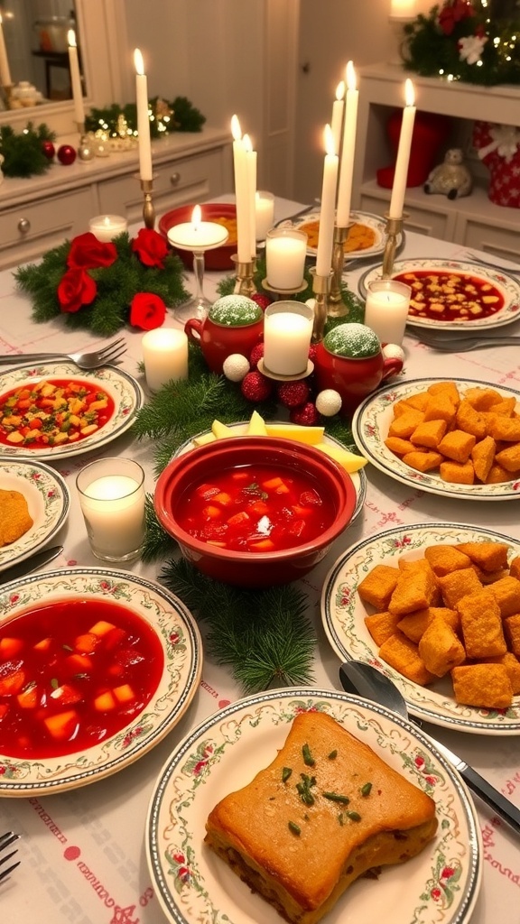 Traditional Russian Christmas Dishes Traditional Russian Christmas dishes including borscht, Olivier salad, and kutya on a festive table.